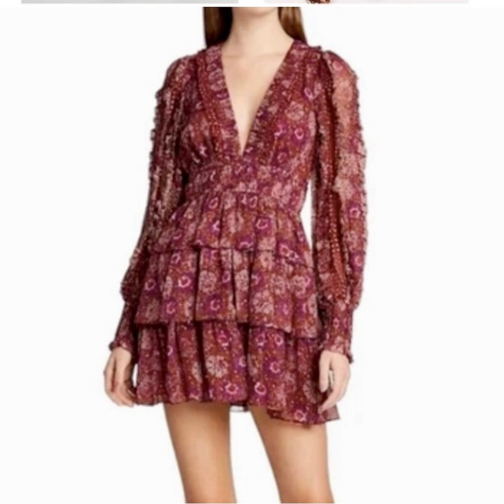 House of Harlow 1960 Metallic Maroon Floral Long Sleeve Tiered Mini Dress SZ 6